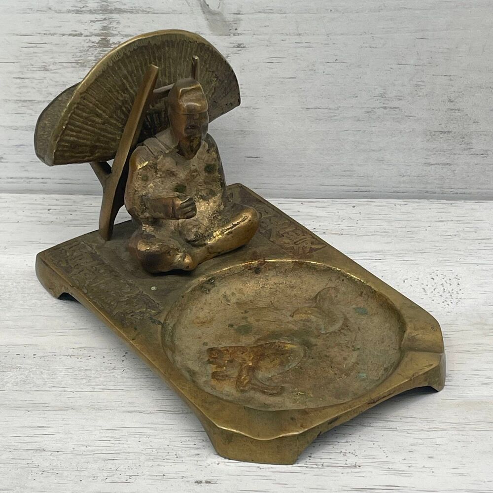 Vintage Solid Brass Cigar Holder Ashtray Asian Man Under Parasol MCM 50s